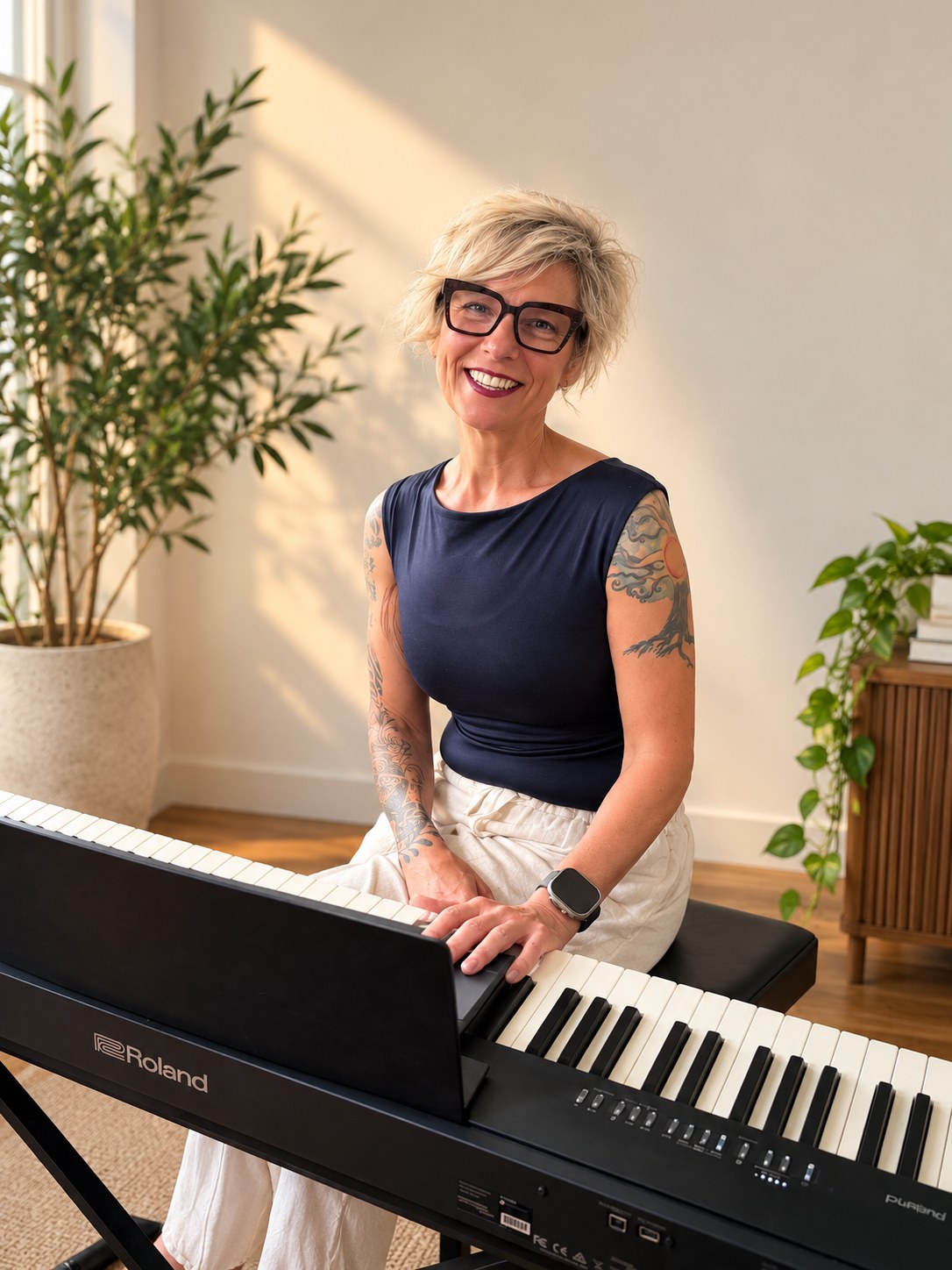 Sharon Woodill smiling at her piano in a sunlit room